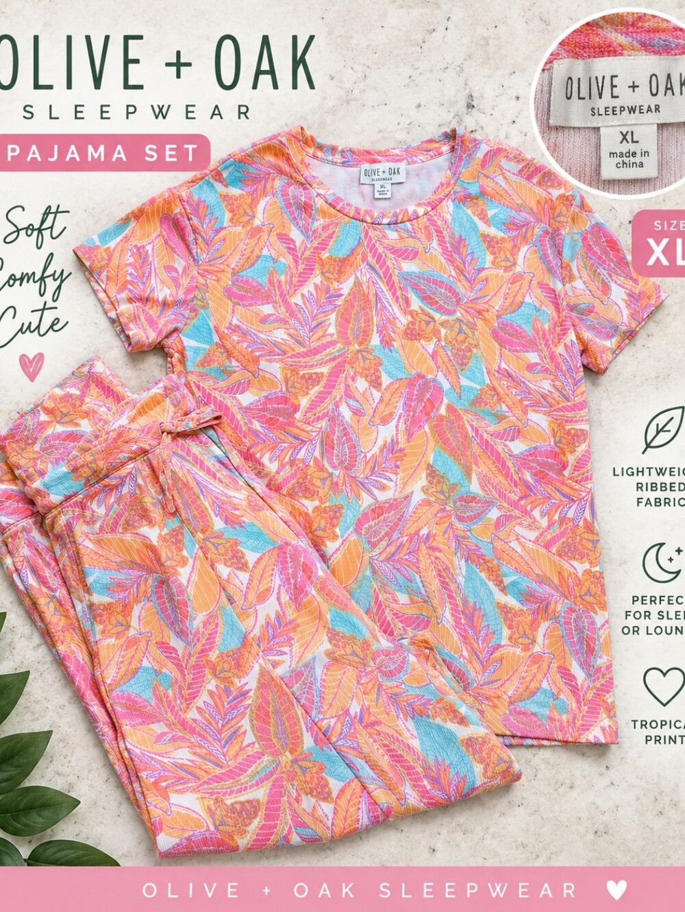 Olive + Oak Sleepwear XL Tropical Floral Pajama Lounge Set Top Pants